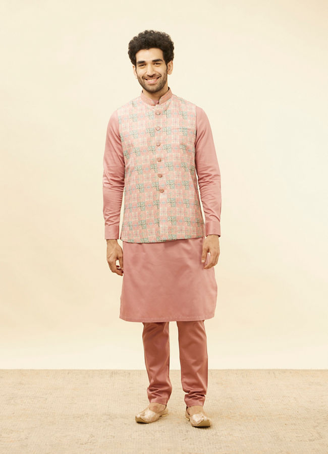 alt message - Manyavar Men Sherbet Pink Kaleidoscopic Printed Sequined Jacket image number 2