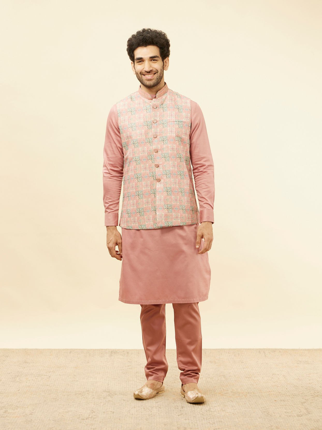 alt message - Manyavar Men Sherbet Pink Kaleidoscopic Printed Sequined Jacket image number 2