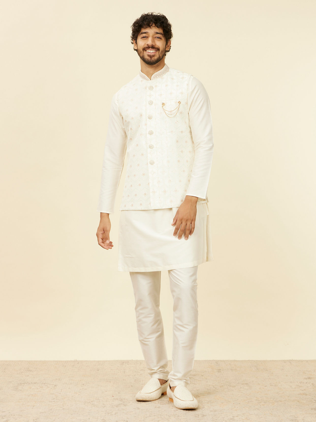 Manyavar Men Warm White Floral Printed Nehru Jacket