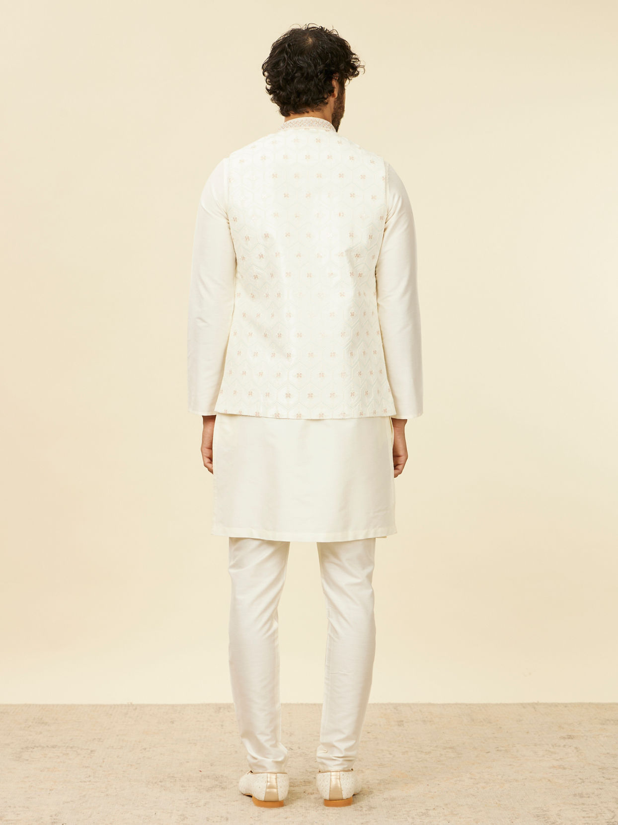 Manyavar Men Warm White Floral Printed Nehru Jacket
