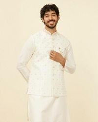 Manyavar Men Warm White Floral Printed Nehru Jacket