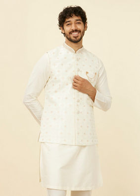 alt message - Manyavar Men Warm White Floral Printed Nehru Jacket