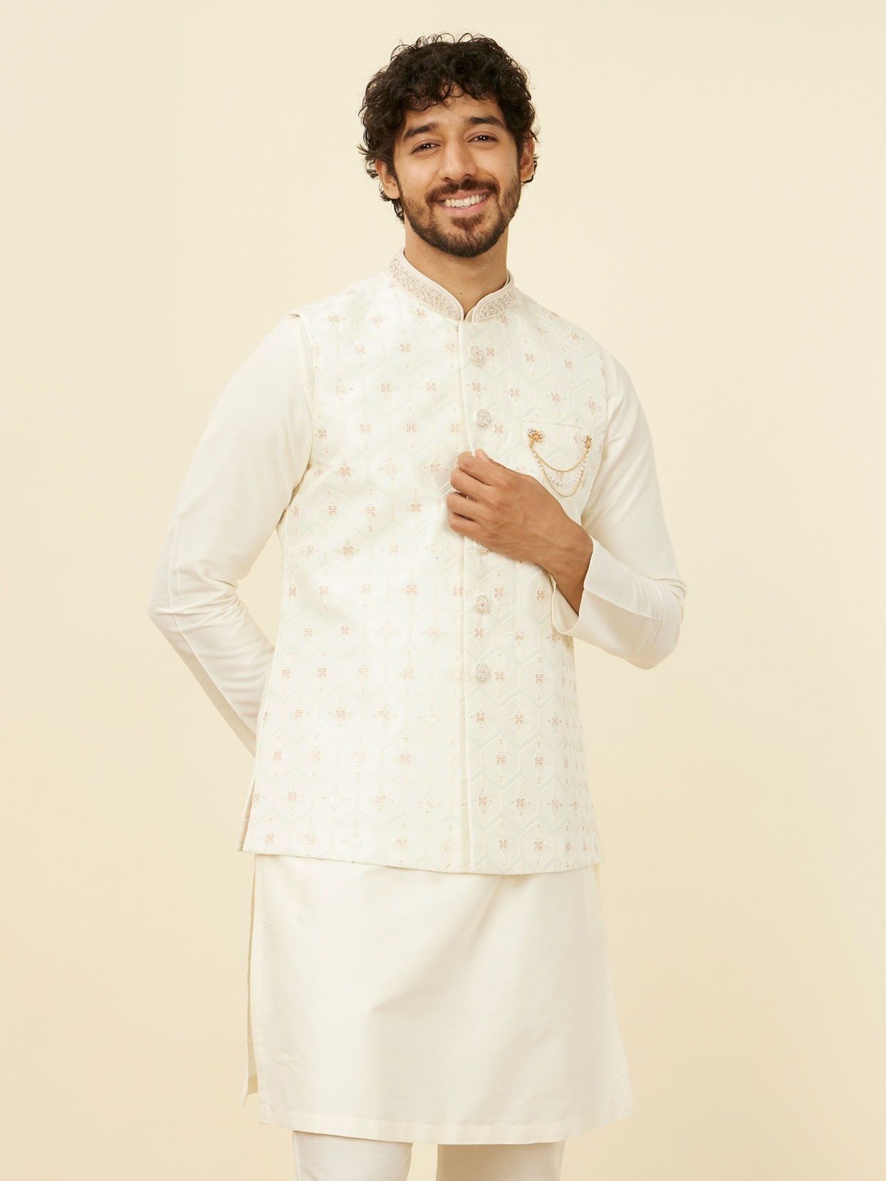 alt message - Manyavar Men Warm White Floral Printed Nehru Jacket image number 0