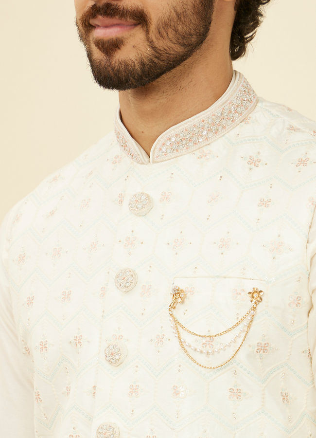 alt message - Manyavar Men Warm White Floral Printed Nehru Jacket image number 1