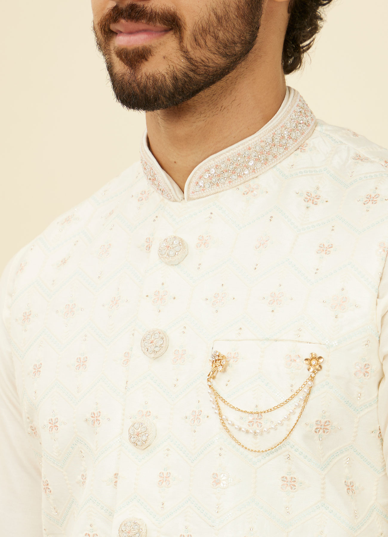 Manyavar Men Warm White Floral Printed Nehru Jacket