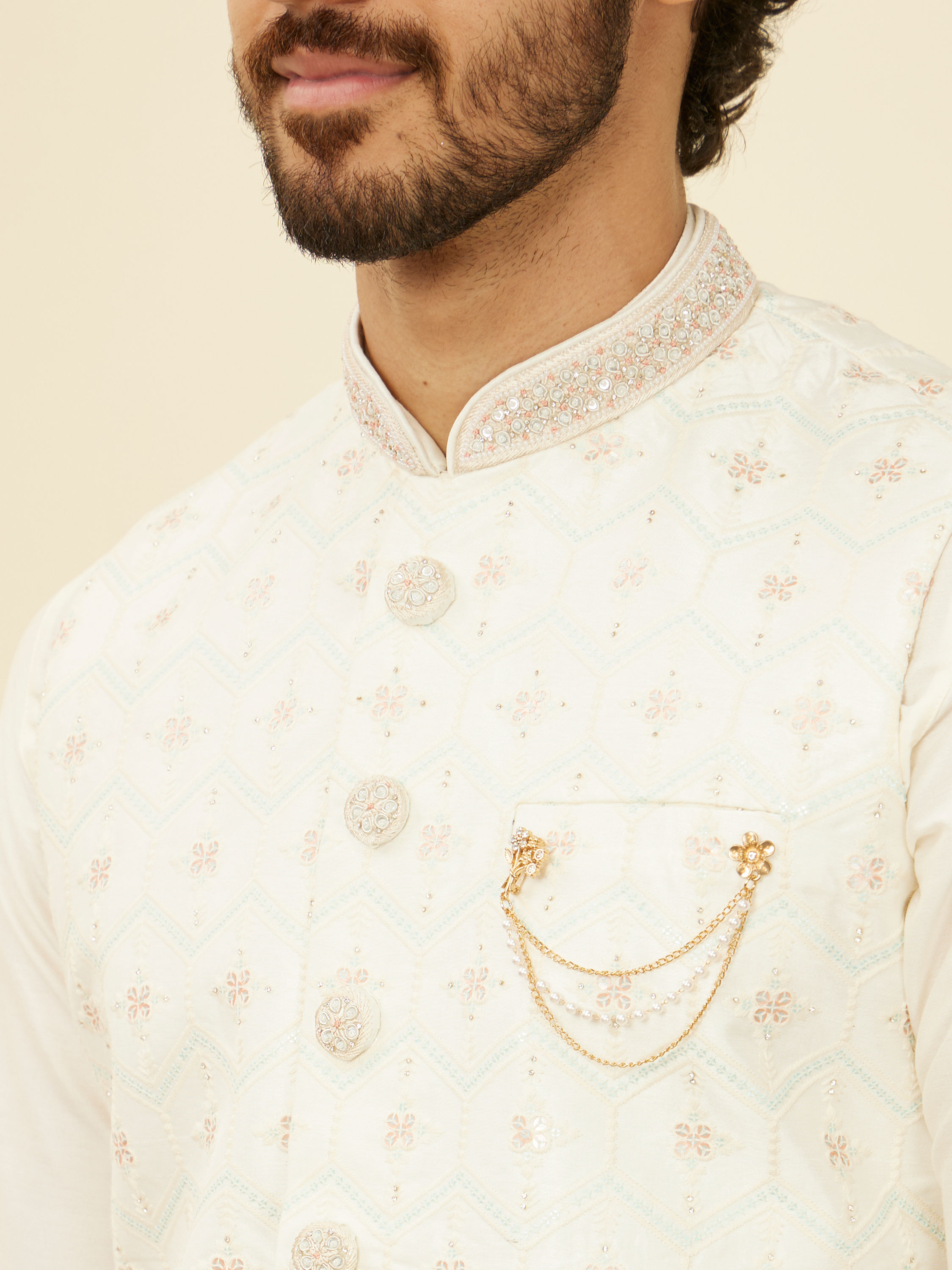 Manyavar Men Warm White Floral Printed Nehru Jacket