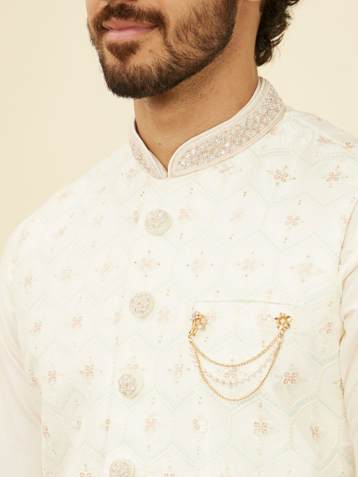 alt message - Manyavar Men Warm White Floral Printed Nehru Jacket image number 1