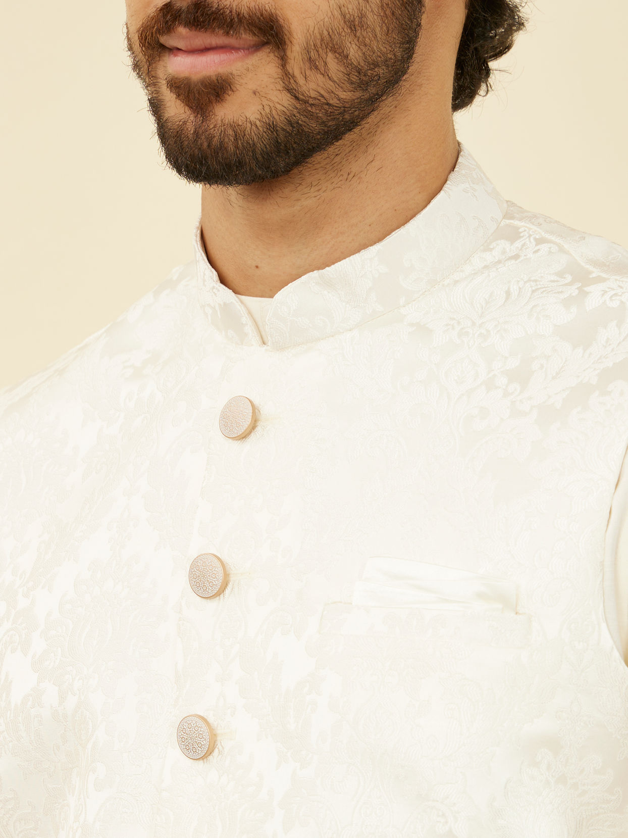 alt message - Manyavar Men Warm White Bagh Patterned Nehru Jacket image number 1