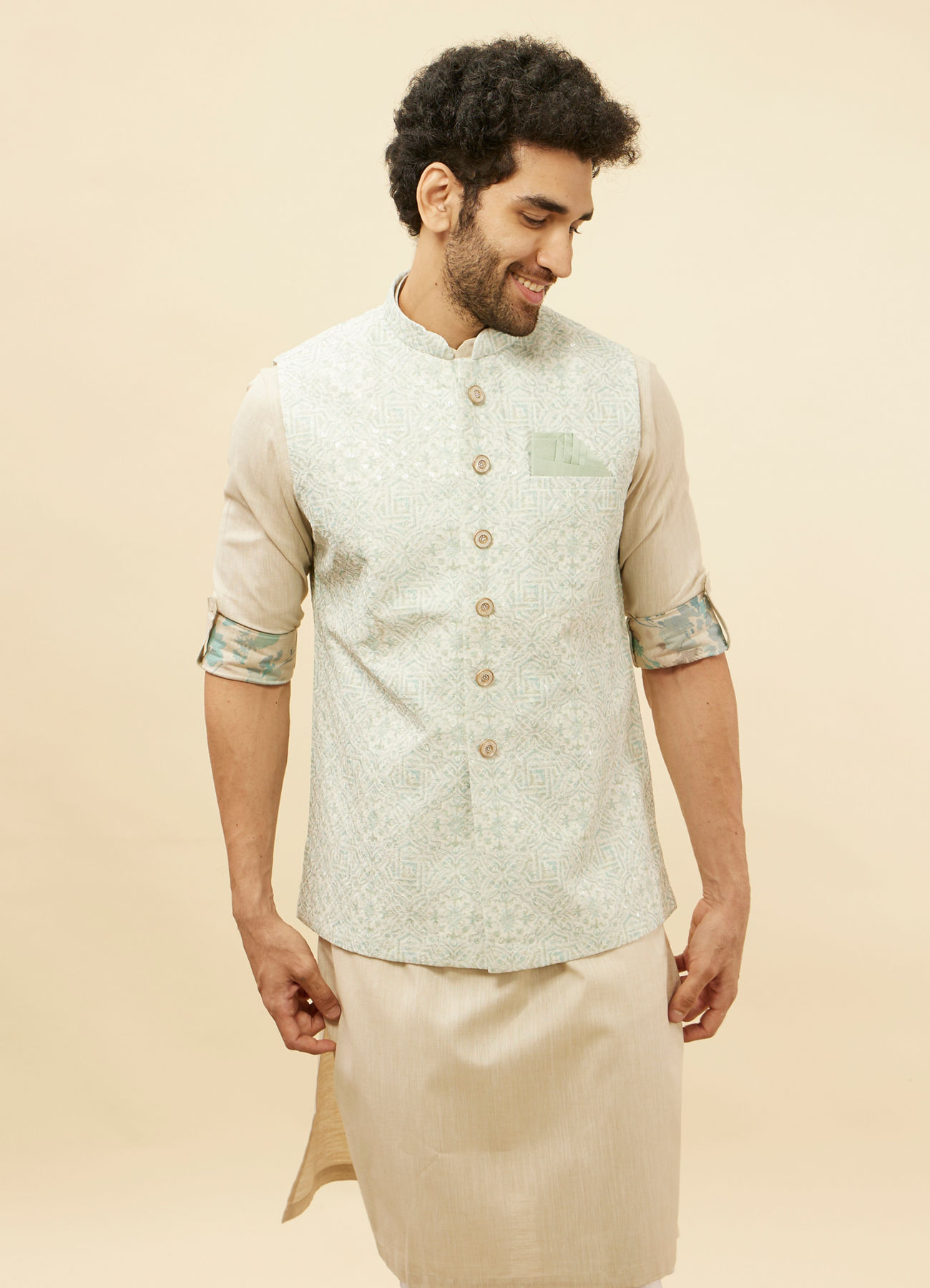 Manyavar Men Warm White Imperial Printed Sequined Jacket