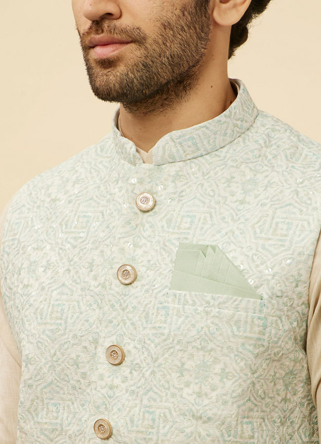 alt message - Manyavar Men Warm White Imperial Printed Sequined Jacket image number 1