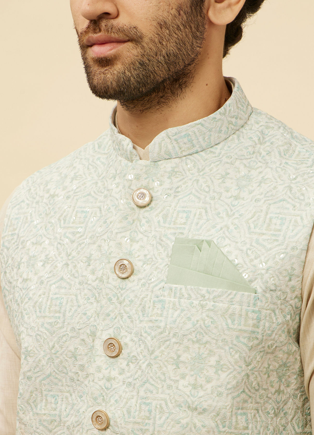 Manyavar Men Warm White Imperial Printed Sequined Jacket