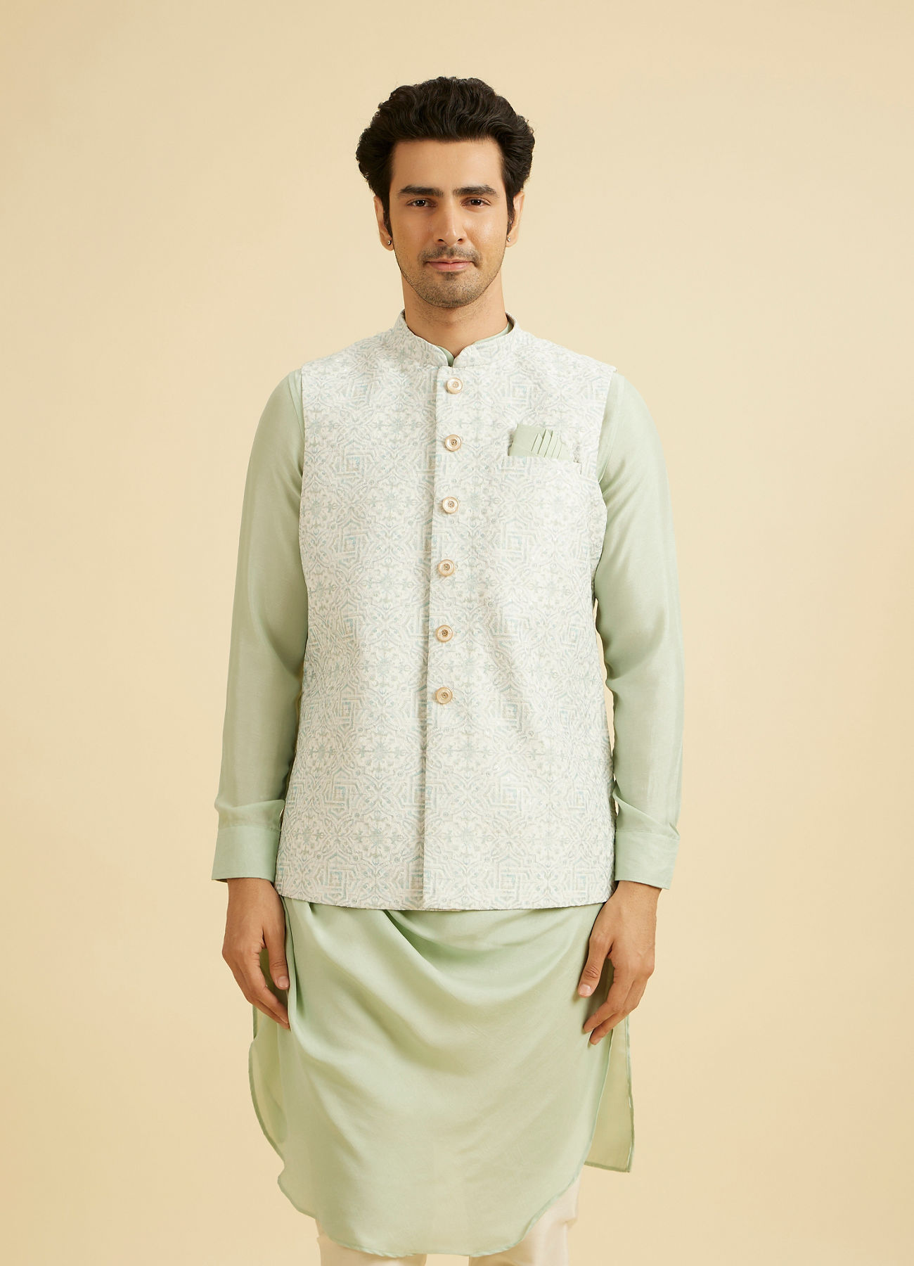 Manyavar Men Warm White Imperial Printed Sequined Jacket