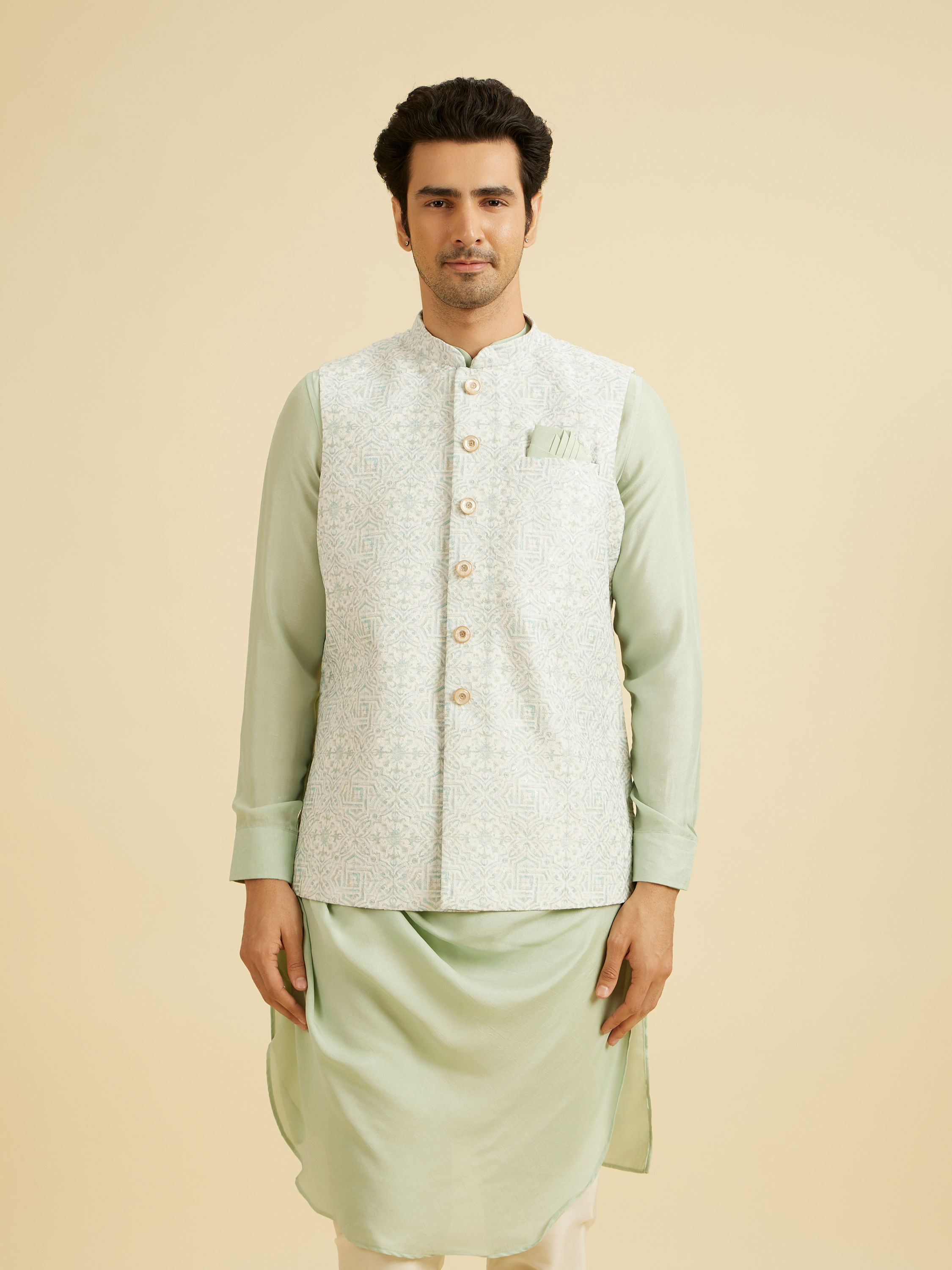 Manyavar Men Warm White Imperial Printed Sequined Jacket