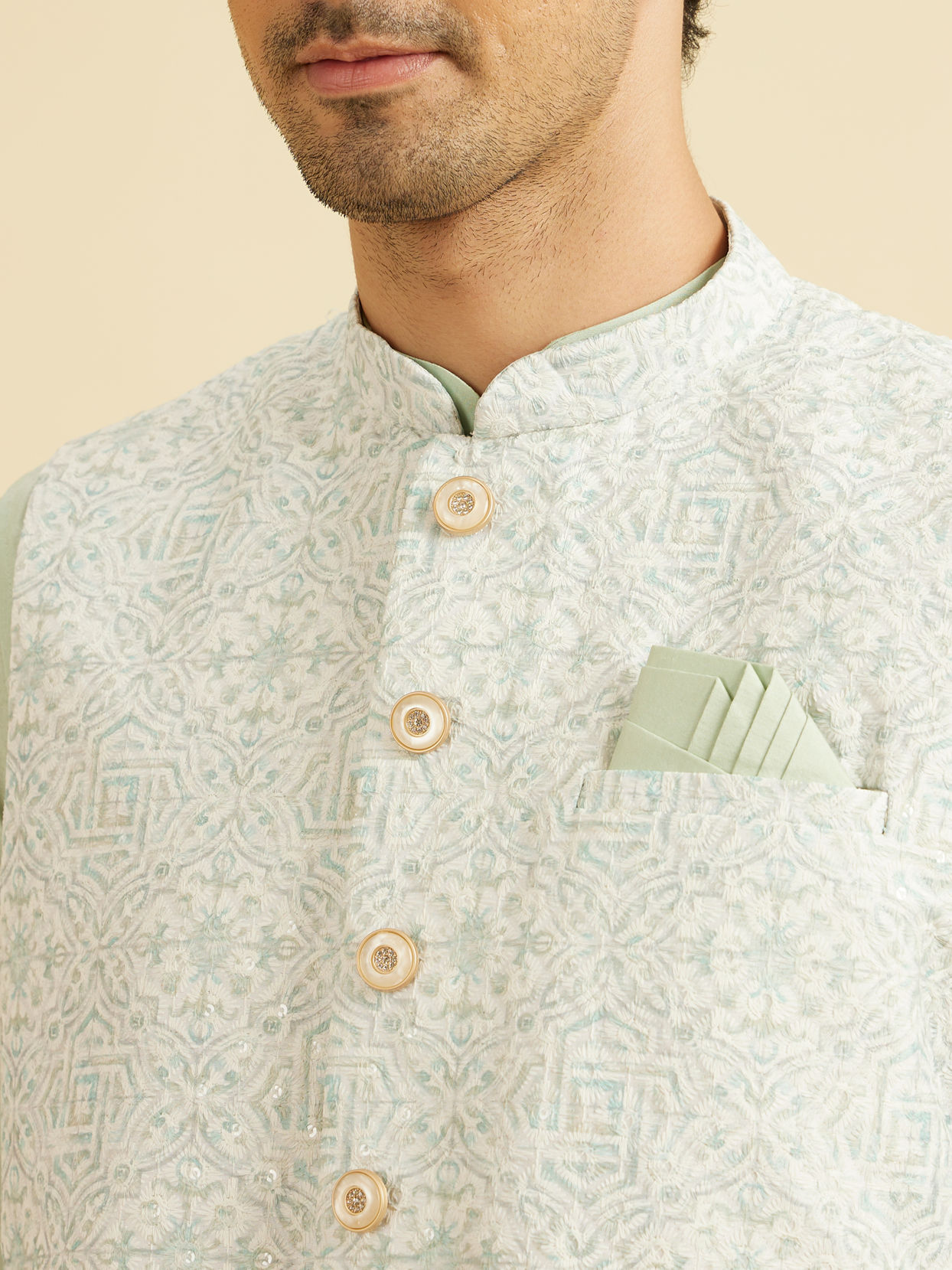 Manyavar Men Warm White Imperial Printed Sequined Jacket