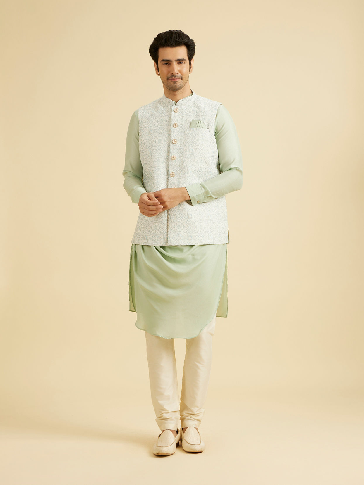 Manyavar Men Warm White Imperial Printed Sequined Jacket