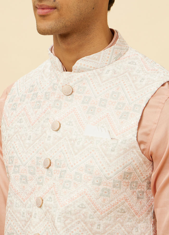 alt message - Manyavar Men Blush Pink Chevron Patterned Jacket image number 1