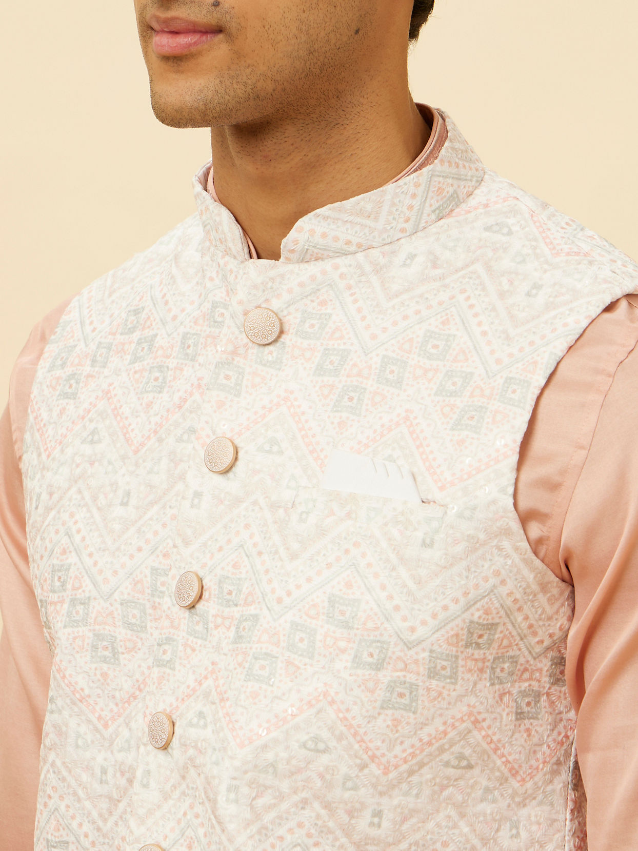 alt message - Manyavar Men Blush Pink Chevron Patterned Jacket image number 1