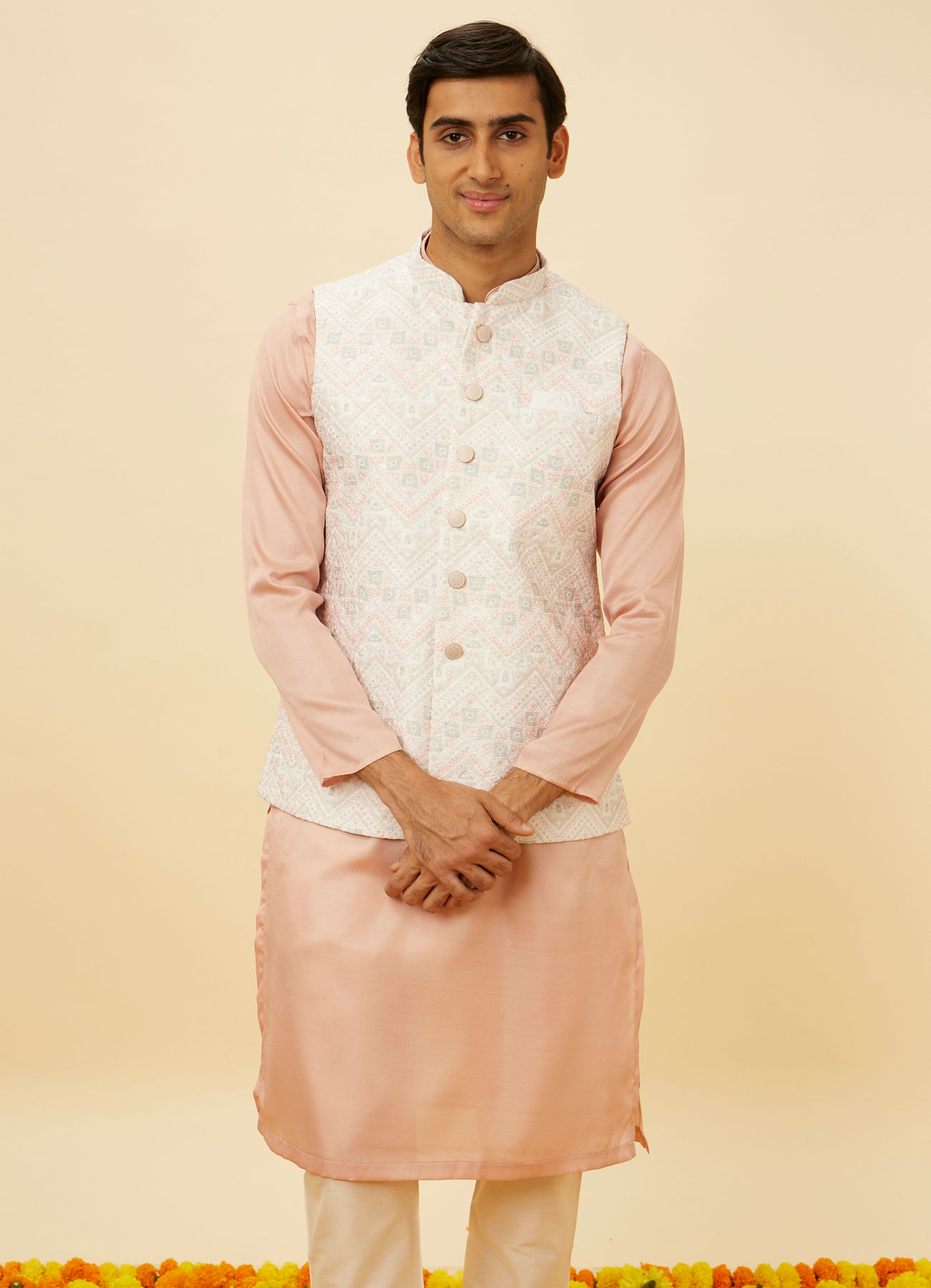 Manyavar Men Blush Pink Chevron Patterned Jacket