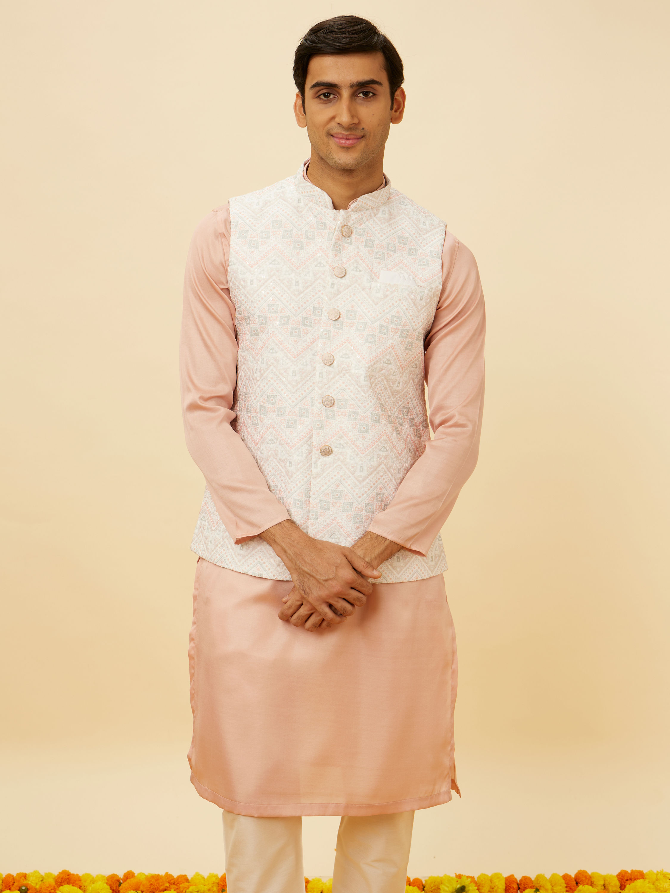 Manyavar Men Blush Pink Chevron Patterned Jacket