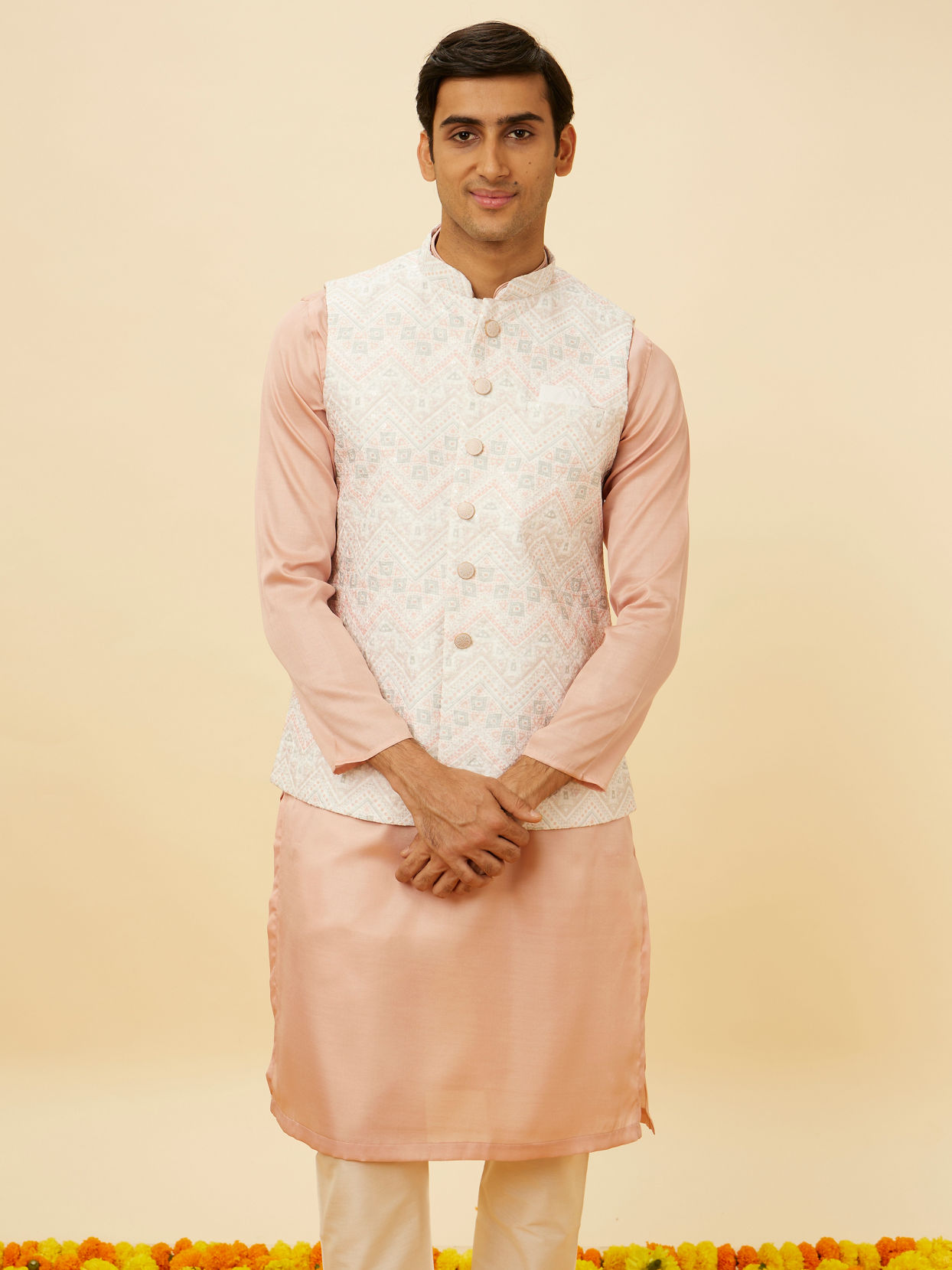 alt message - Manyavar Men Blush Pink Chevron Patterned Jacket image number 0