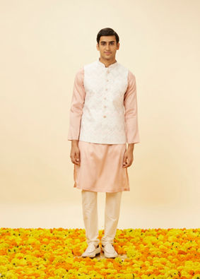 alt message - Manyavar Men Blush Pink Chevron Patterned Jacket image number 2