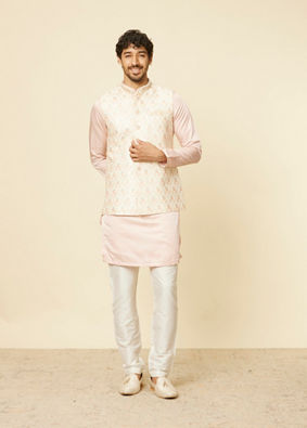 Manyavar Men Soft Cream Floral Embroidered Jacket image number 2