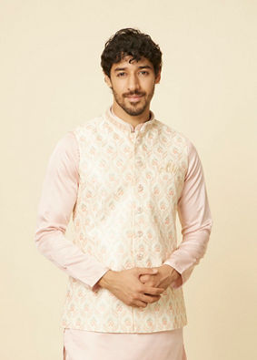 alt message - Manyavar Men Soft Cream Floral Embroidered Jacket