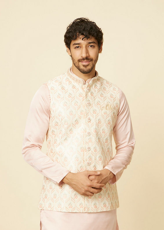 Manyavar Men Soft Cream Floral Embroidered Jacket