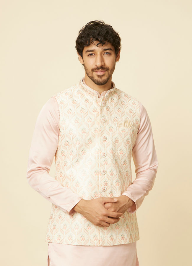 alt message - Manyavar Men Soft Cream Floral Embroidered Jacket image number 0