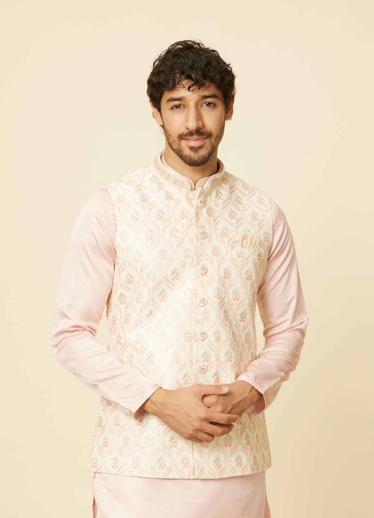 Manyavar Men Soft Cream Floral Embroidered Jacket