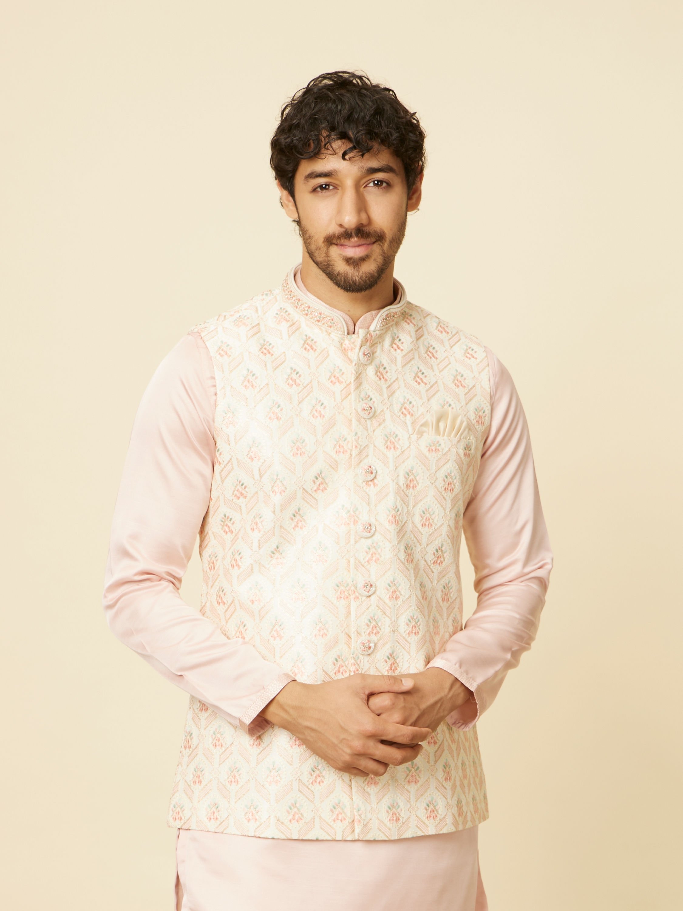 Manyavar Men Soft Cream Floral Embroidered Jacket