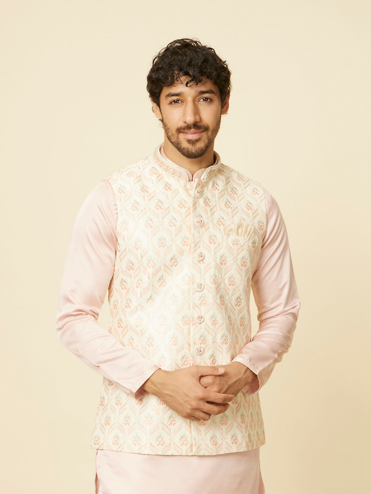 alt message - Manyavar Men Soft Cream Floral Embroidered Jacket image number 0