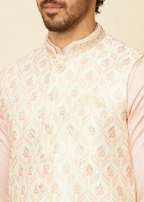 Manyavar Men Soft Cream Floral Embroidered Jacket image number 1