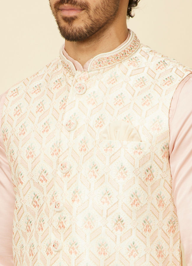 alt message - Manyavar Men Soft Cream Floral Embroidered Jacket image number 1