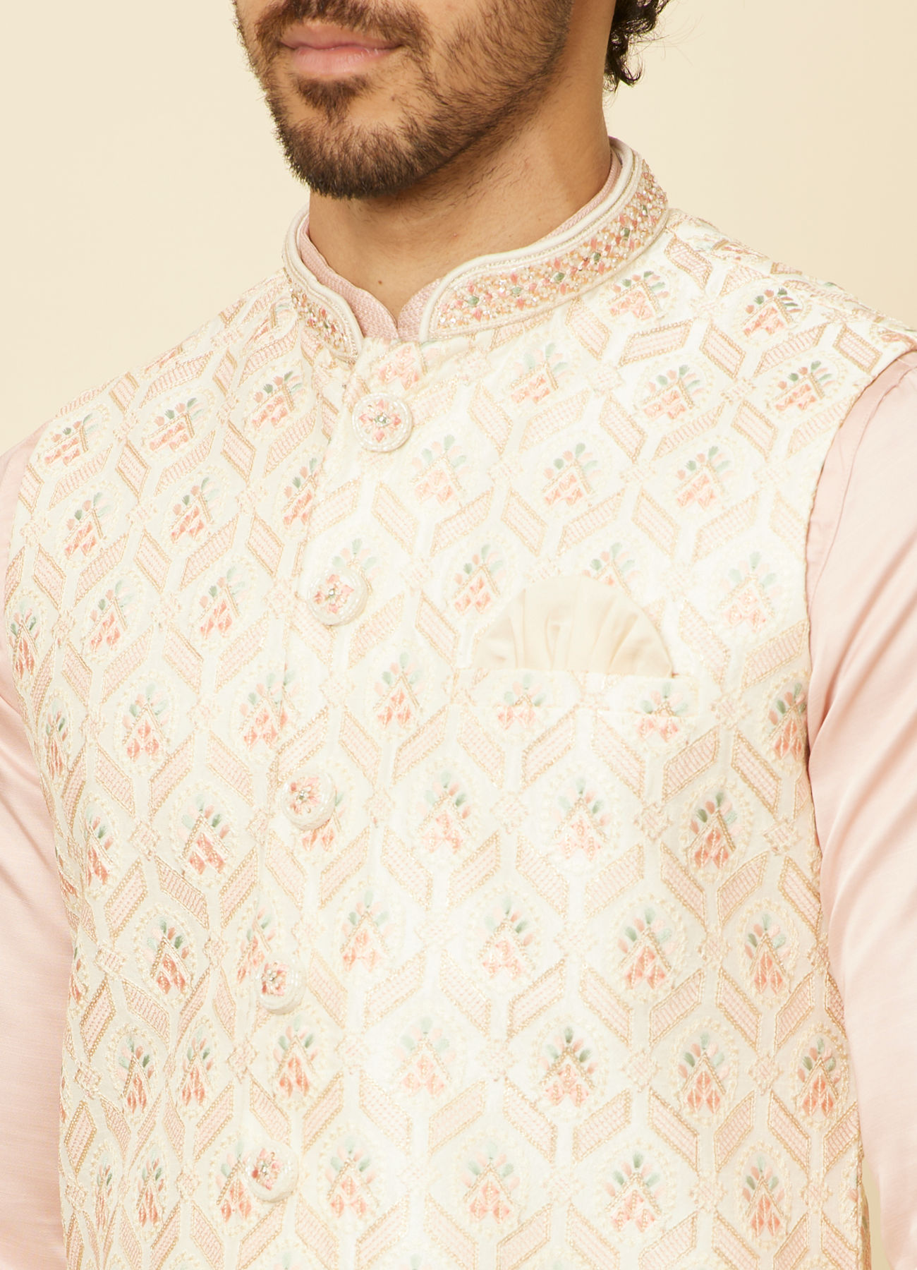 Manyavar Men Soft Cream Floral Embroidered Jacket