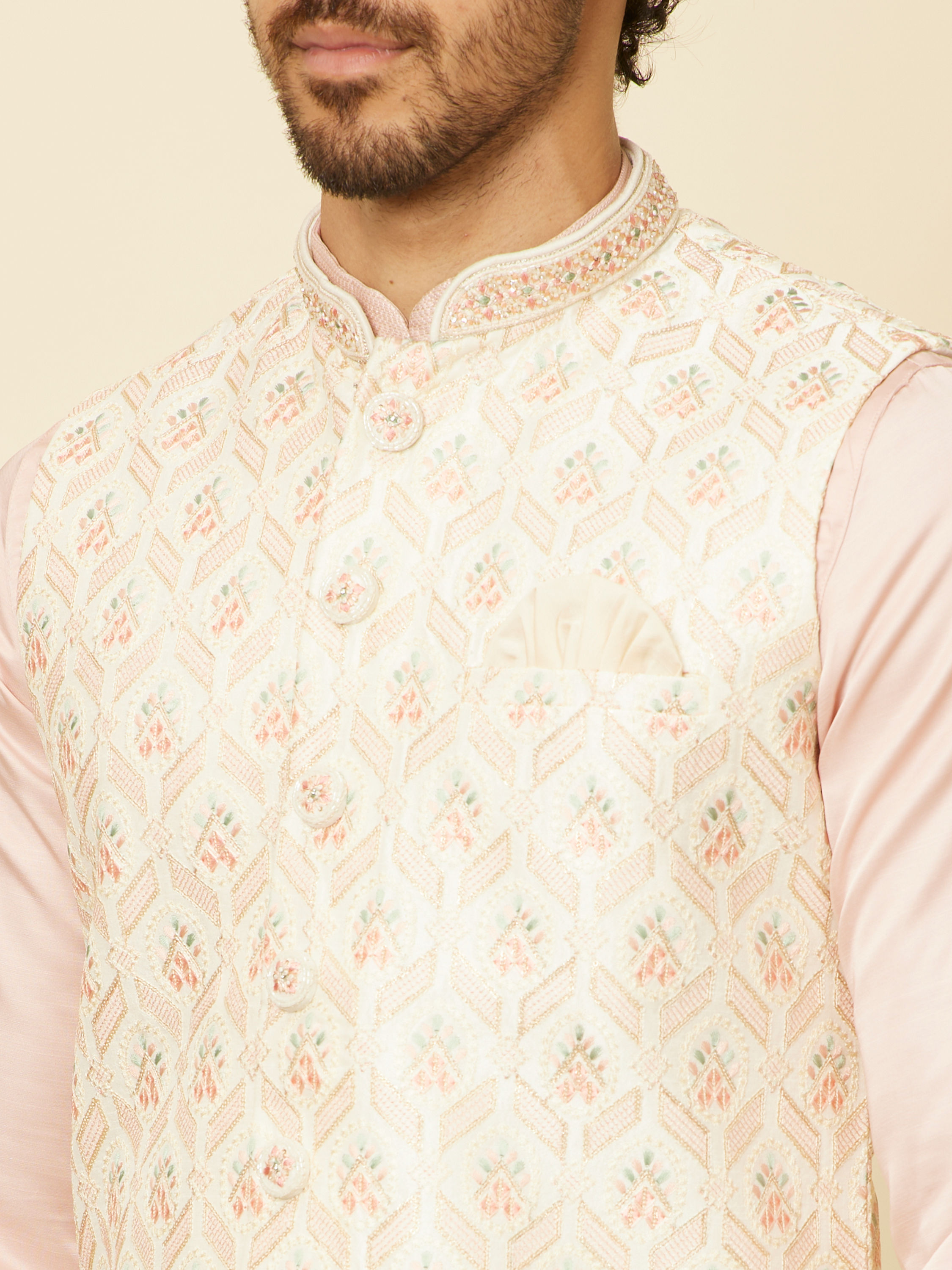 Manyavar Men Soft Cream Floral Embroidered Jacket