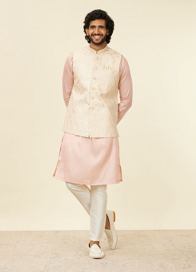 Manyavar Men Cream Beige Floral Patterned Nehru Jacket