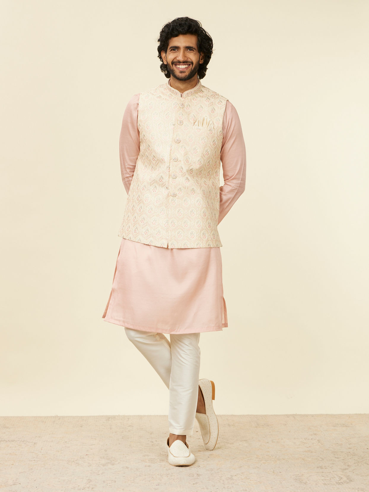 Manyavar Men Cream Beige Floral Patterned Nehru Jacket