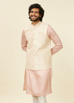 alt message - Manyavar Men Cream Beige Floral Patterned Nehru Jacket