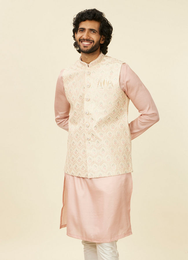 alt message - Manyavar Men Cream Beige Floral Patterned Nehru Jacket image number 0