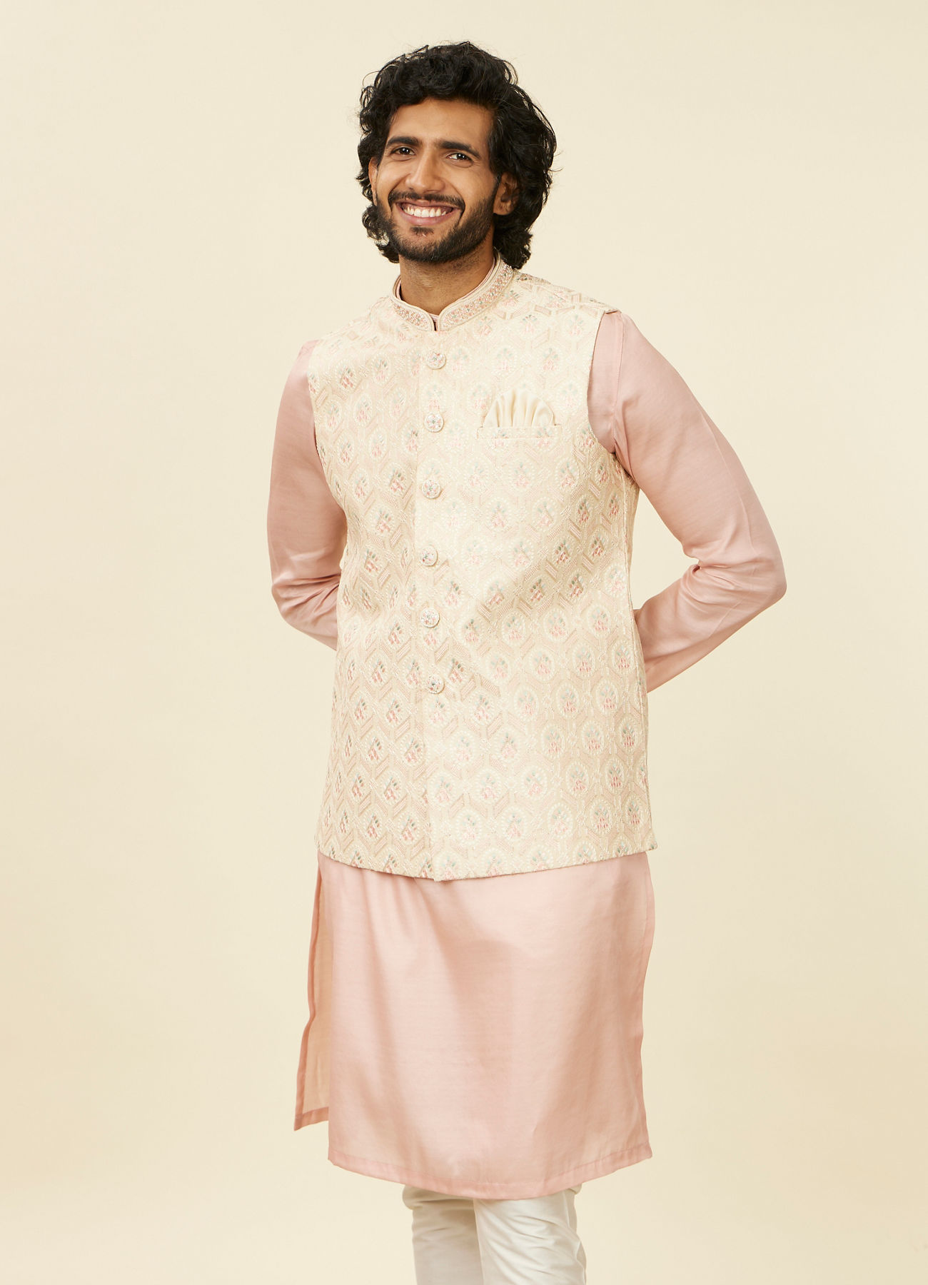 Manyavar Men Cream Beige Floral Patterned Nehru Jacket