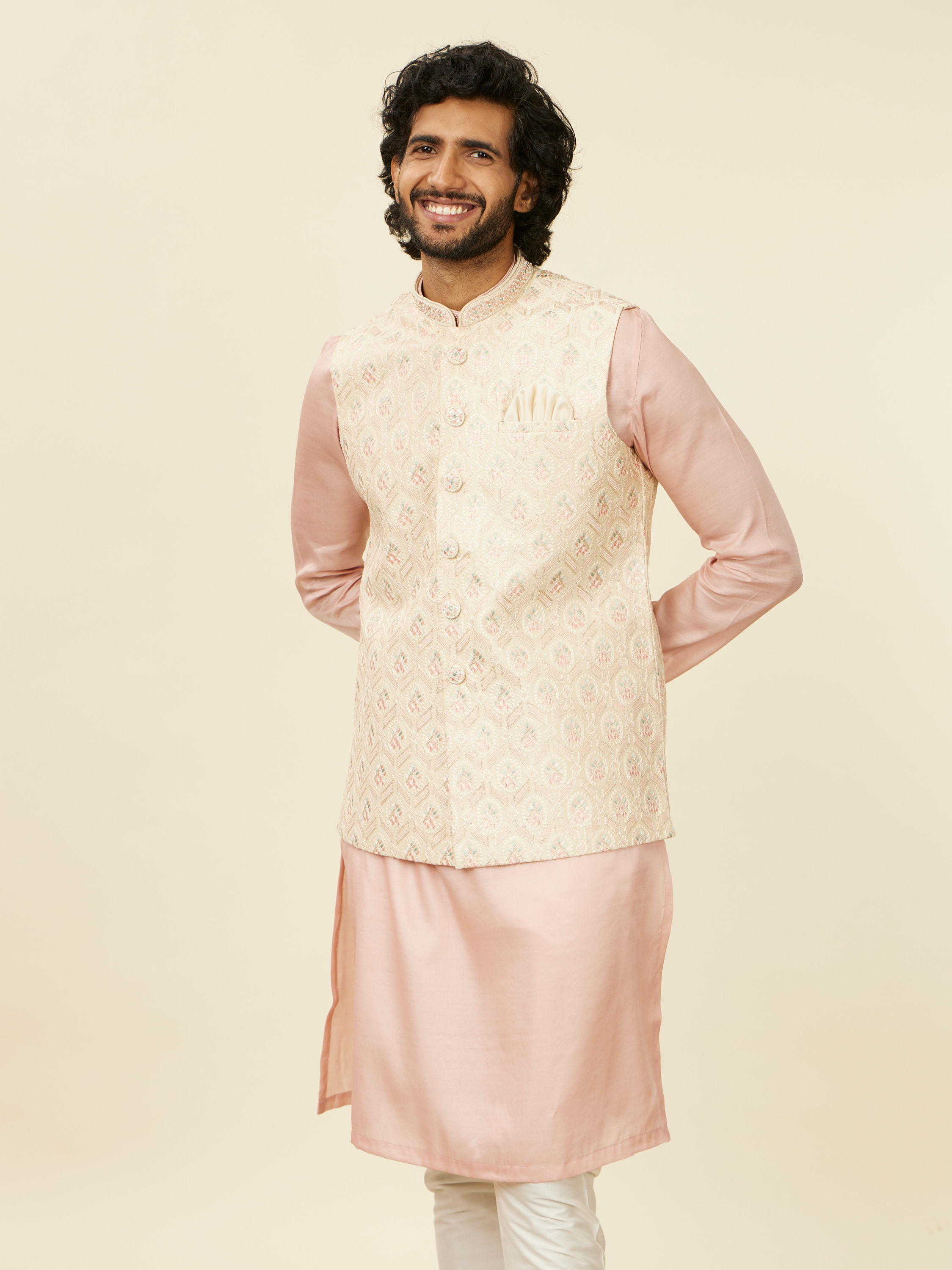 Manyavar Men Cream Beige Floral Patterned Nehru Jacket