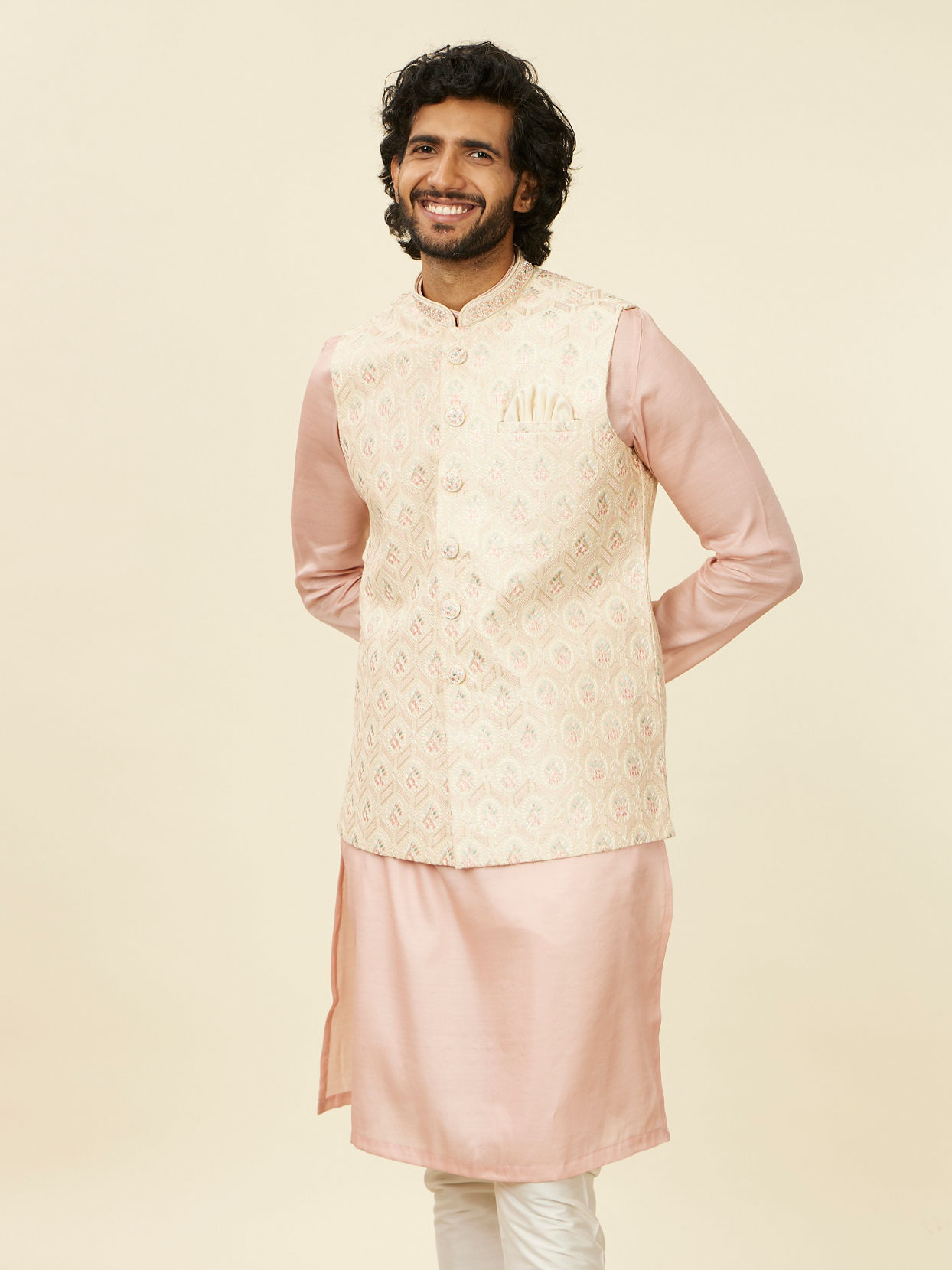 alt message - Manyavar Men Cream Beige Floral Patterned Nehru Jacket image number 0