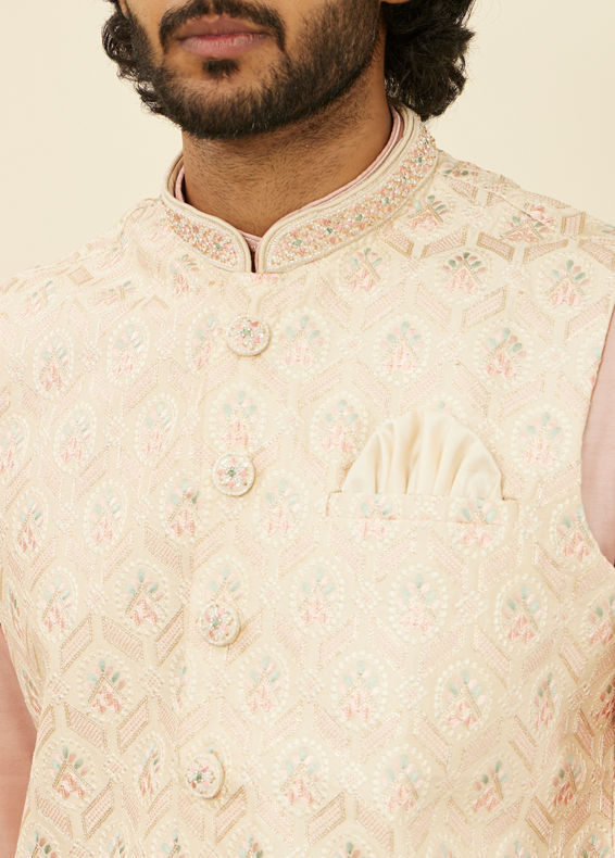 Manyavar Men Cream Beige Floral Patterned Nehru Jacket