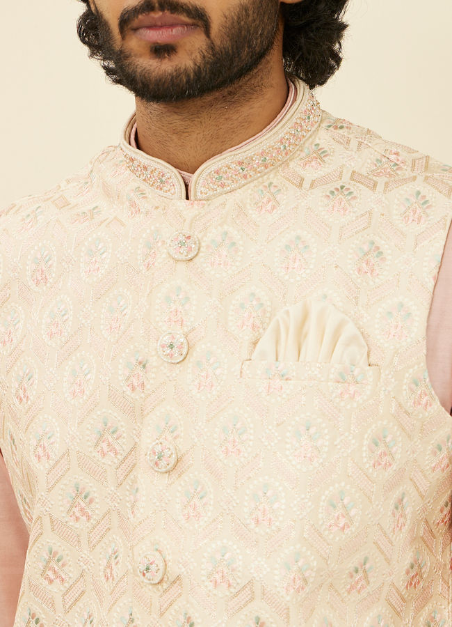 Manyavar Men Cream Beige Floral Patterned Nehru Jacket