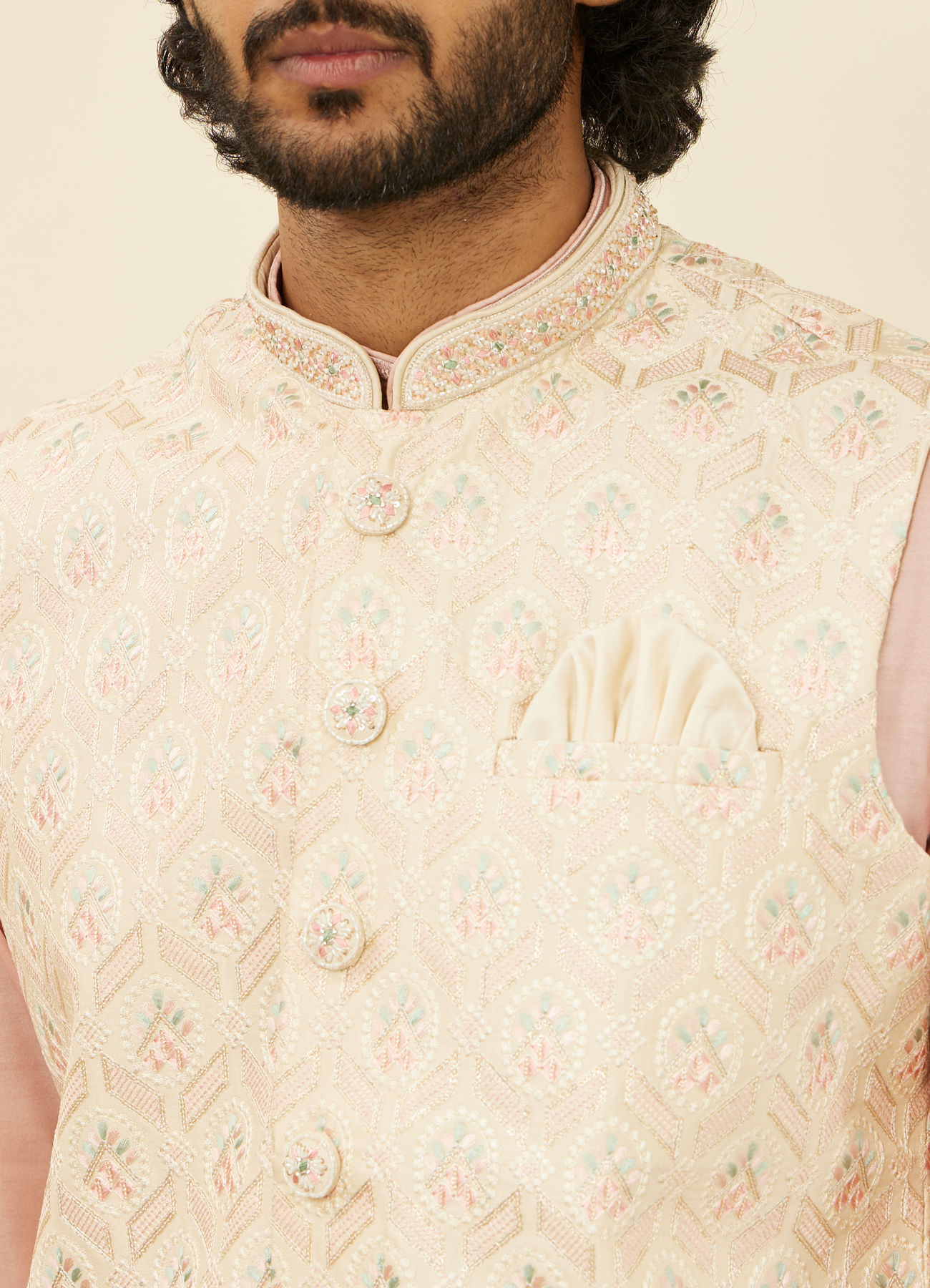 Manyavar Men Cream Beige Floral Patterned Nehru Jacket