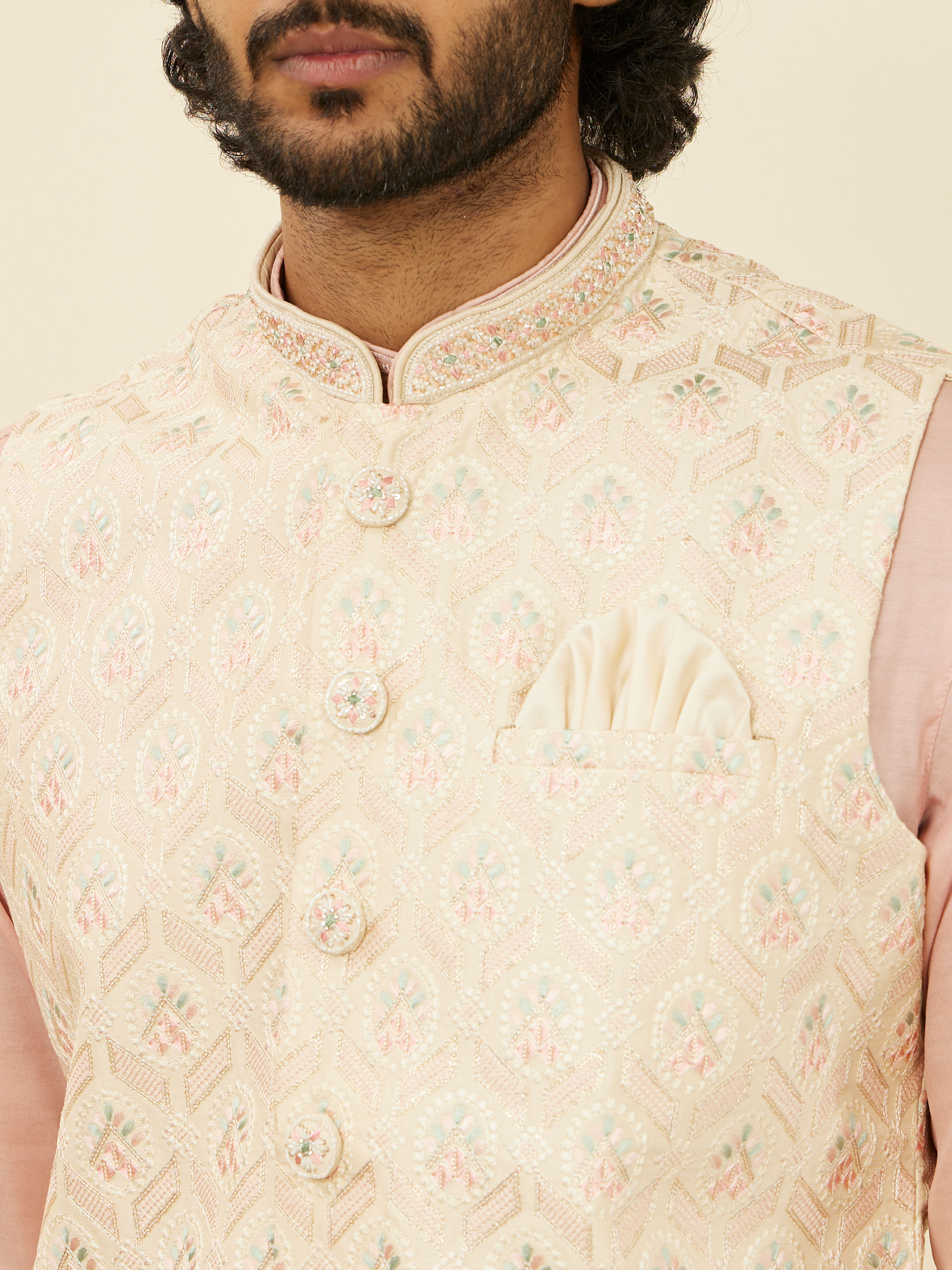 Manyavar Men Cream Beige Floral Patterned Nehru Jacket