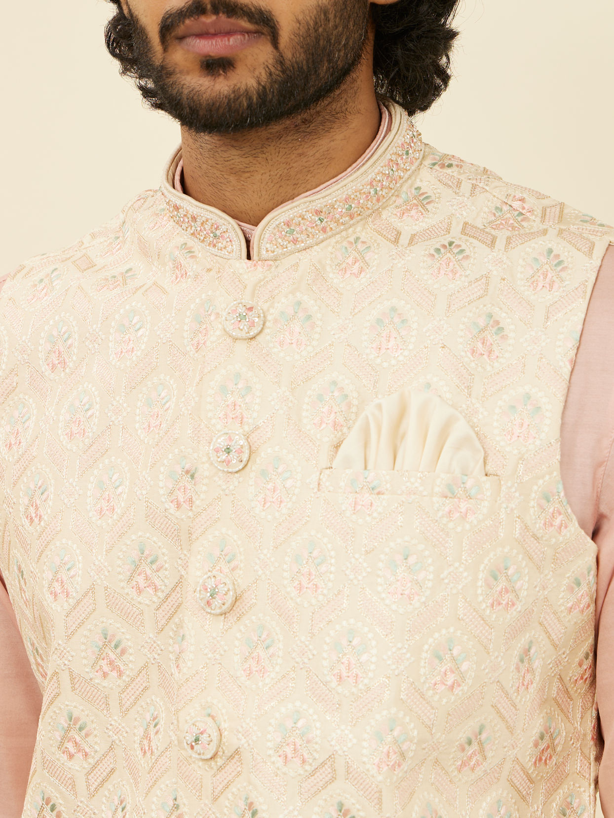 alt message - Manyavar Men Cream Beige Floral Patterned Nehru Jacket image number 1