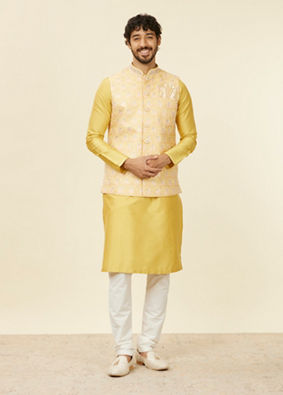 alt message - Manyavar Men Yellow Floral Printed Nehru jacket image number 2