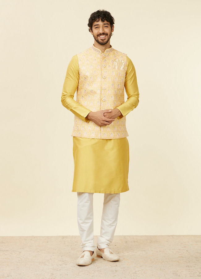 alt message - Manyavar Men Yellow Floral Printed Nehru jacket image number 2